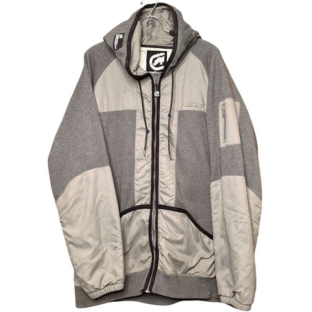 Ecko Unlimited Men Full Zip Hoodie Jacket 2X Large Gray Color Block Panel Design